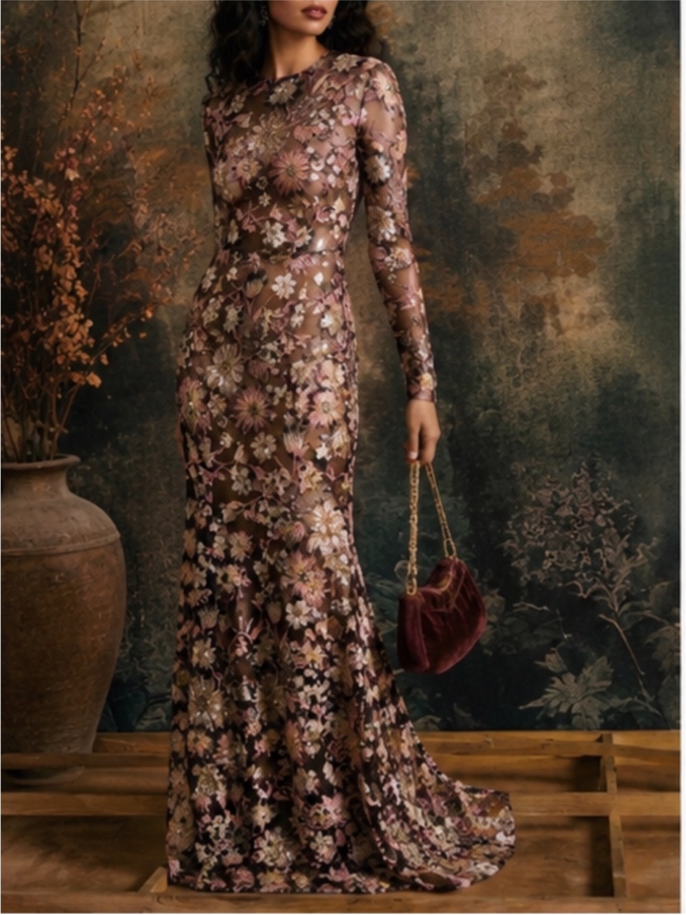 SAU LEE Goldie Dress Maxi Gown Long Sleeve Beaded Floral